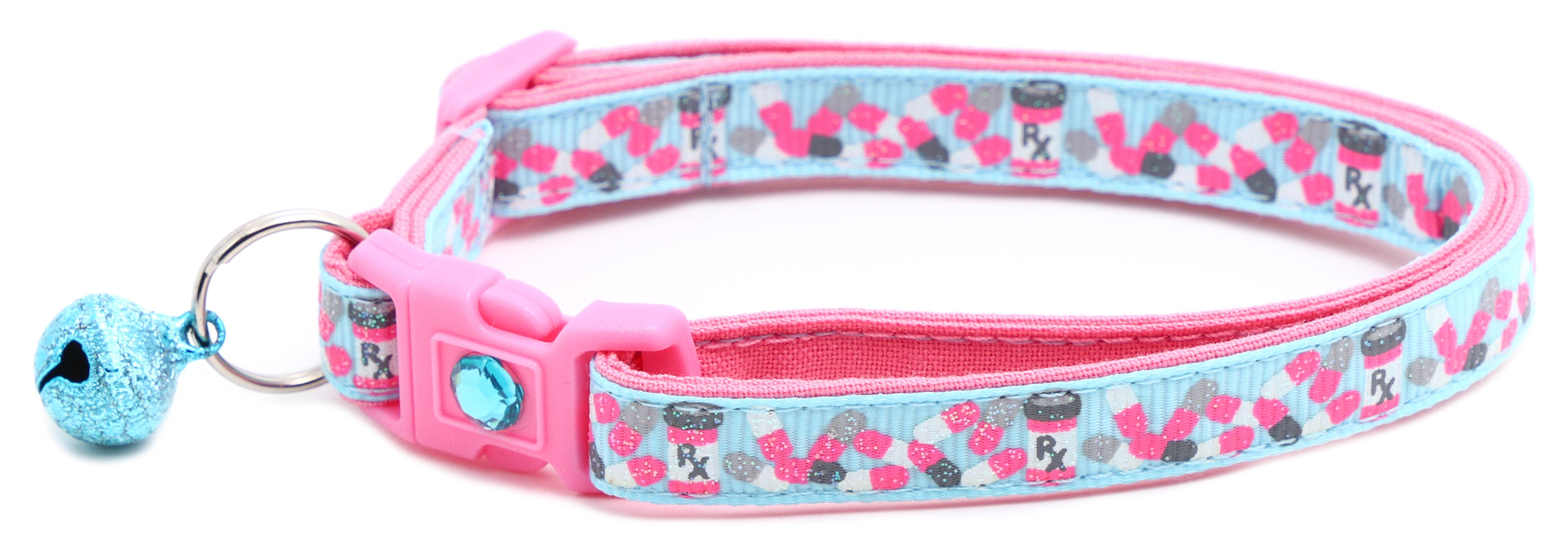 Handmade Pills Breakaway Cat Collar in reinforced cotton with adjustable sizes and breakaway clip for safety.